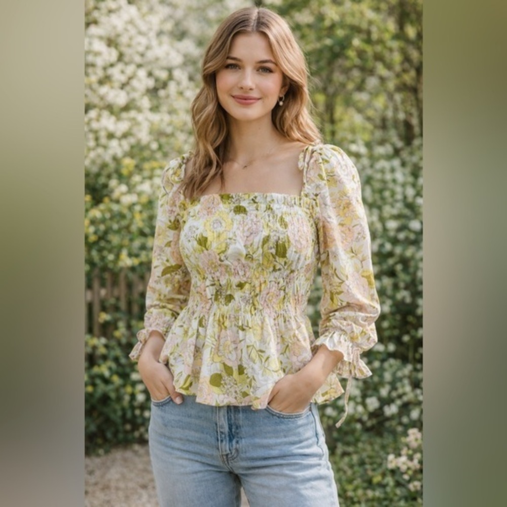 Who What Wear Floral Smocked Peplum Top | Romantic Cottagecore Blouse Size L